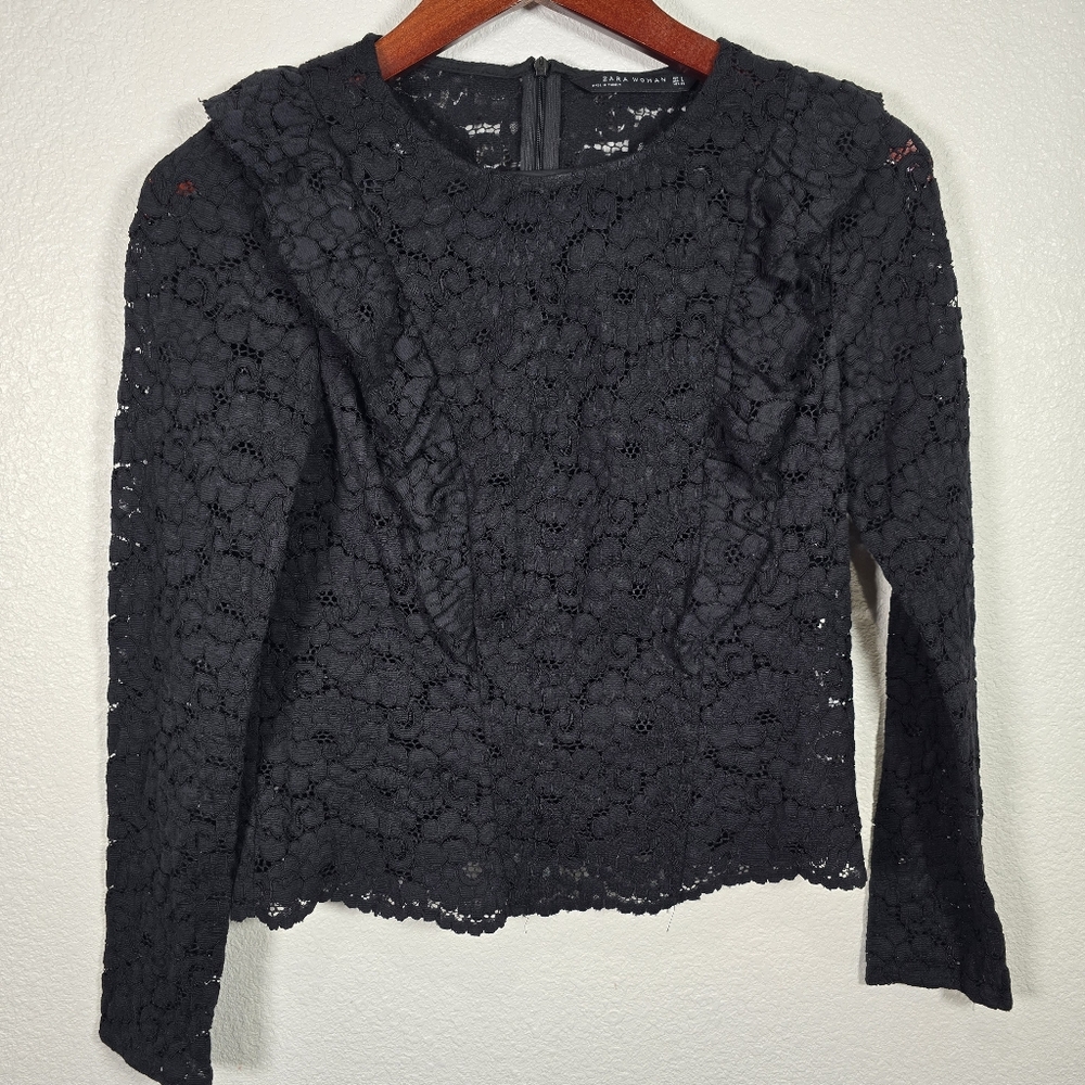 Zara Women’s‎ Black Lace Ruffled Long Sleeve Blouse Shirt Women’s Size Small